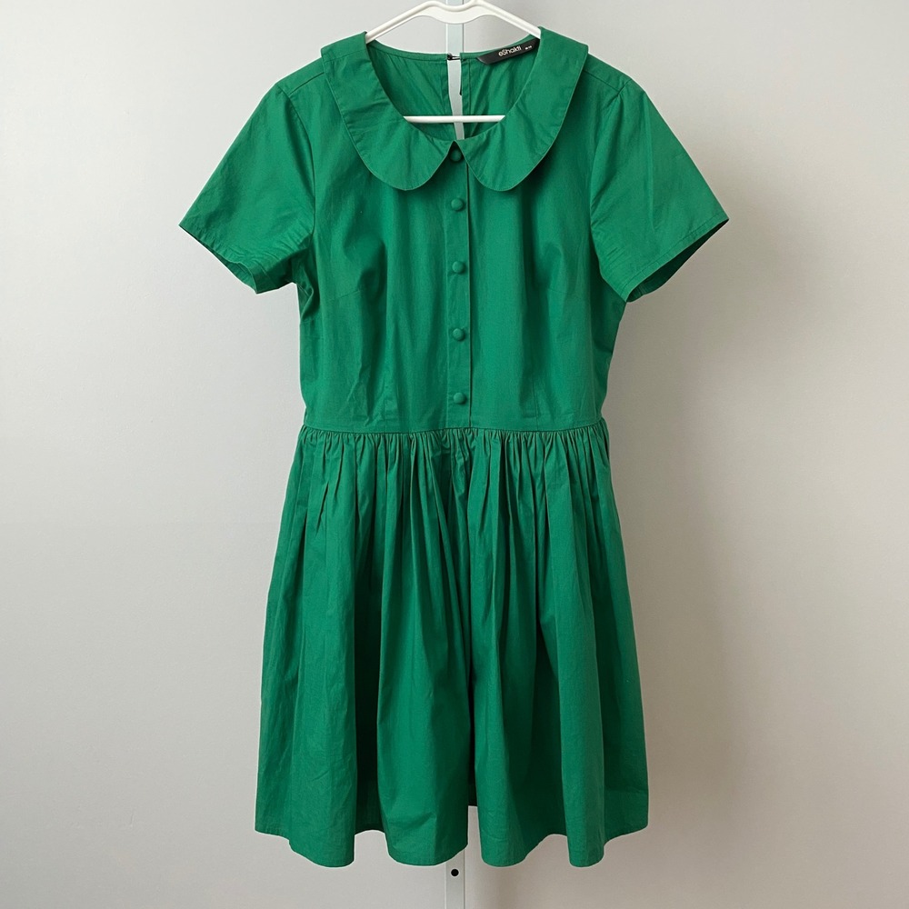 eShakti Cotton Quirky Academia Dainty Peter Pan Collar Fit Flare Dress 10 Green